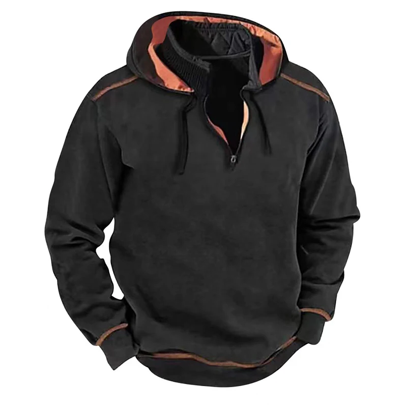 

New Spring Casual Stand Collar Zipper Hoodies Men Streetwear Fashion Patchwork Hooded Sweatshirts Mens Vintage Loose Hoodie Tops