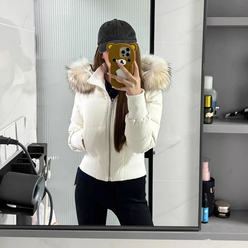 Women Hooded Puffer Jacket Short Faux Fur Trim Cinched Waist Zip Up Thickened Thermal Insulated Windproof Korean Sweet Tops