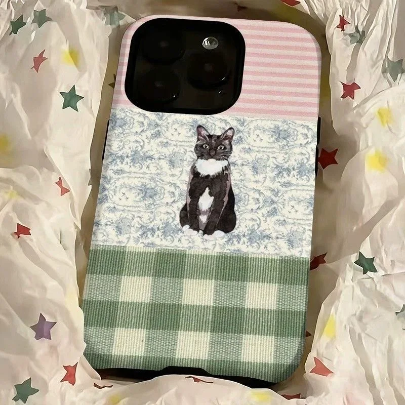Vintage Patchwork Tuxedo Cat Print Glossy Casual Style Phone Case for iPhone 17 16 15 14 13 12 11 Pro Max Plus Back Cover view 3