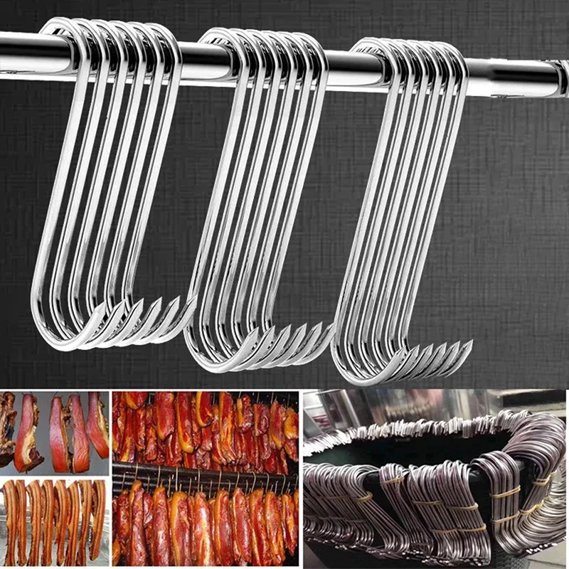 10pcs Stainless Steel Butcher's Meat Hook Tool for Hot and Cold Smoking Butchering Hunting Chicken Pork Sausage Bacon Grill Hook