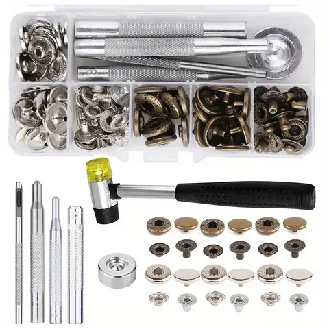 Leather Snap Fasteners Kit Metal Button Press with Hammer Installation Tools for DIY Leather Craft Project