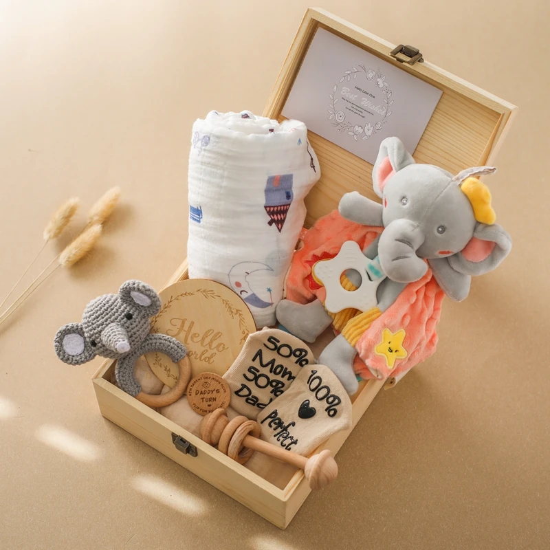 Baby Wooden Rattle Teether Toys Gift Box Set Crochet Elephant Bells Music Teething Wooden Ring Bracelet Rodent Teething Toys