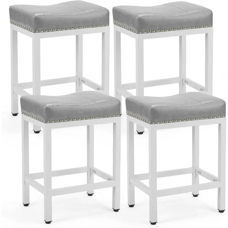 

Bar Stools Set of 4, 24 inch Counter Height Saddle Stools, Upholstered Modern Kitchen Barstools with Metal Base, PU Leathe