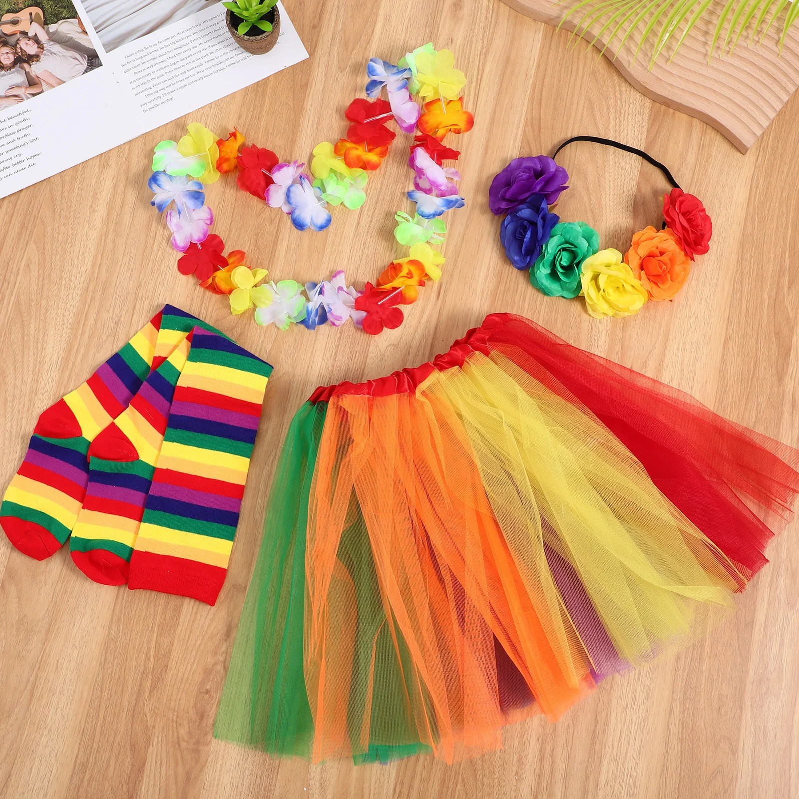 1 Juego de traje de orgullo, falda tutú de tul arcoíris, calcetines por encima de la rodilla de orgullo Lei, diadema, accesorios de disfraz, puesta en escena de Festival