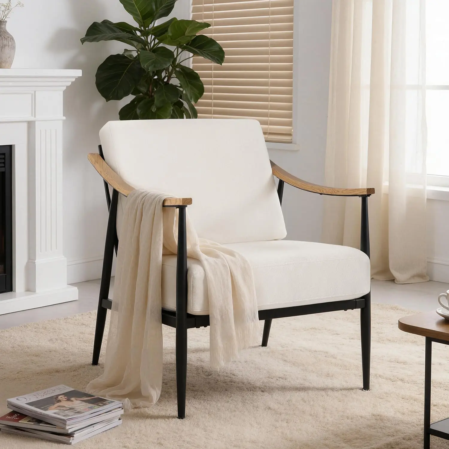 

Accent Chair for Living Room Bedroom Mid Century Arm Chair Upholstered Office Accent Chair Comfy Waiting Room Chair, Cream White