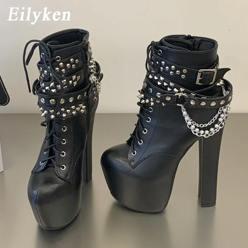 Botas de Plataforma con Hebilla de Cadena Plateada Eilyken para Mujer, Tacones Altos Gruesos de Moda, Punta Redonda, Zapatos con Cierre para Discoteca