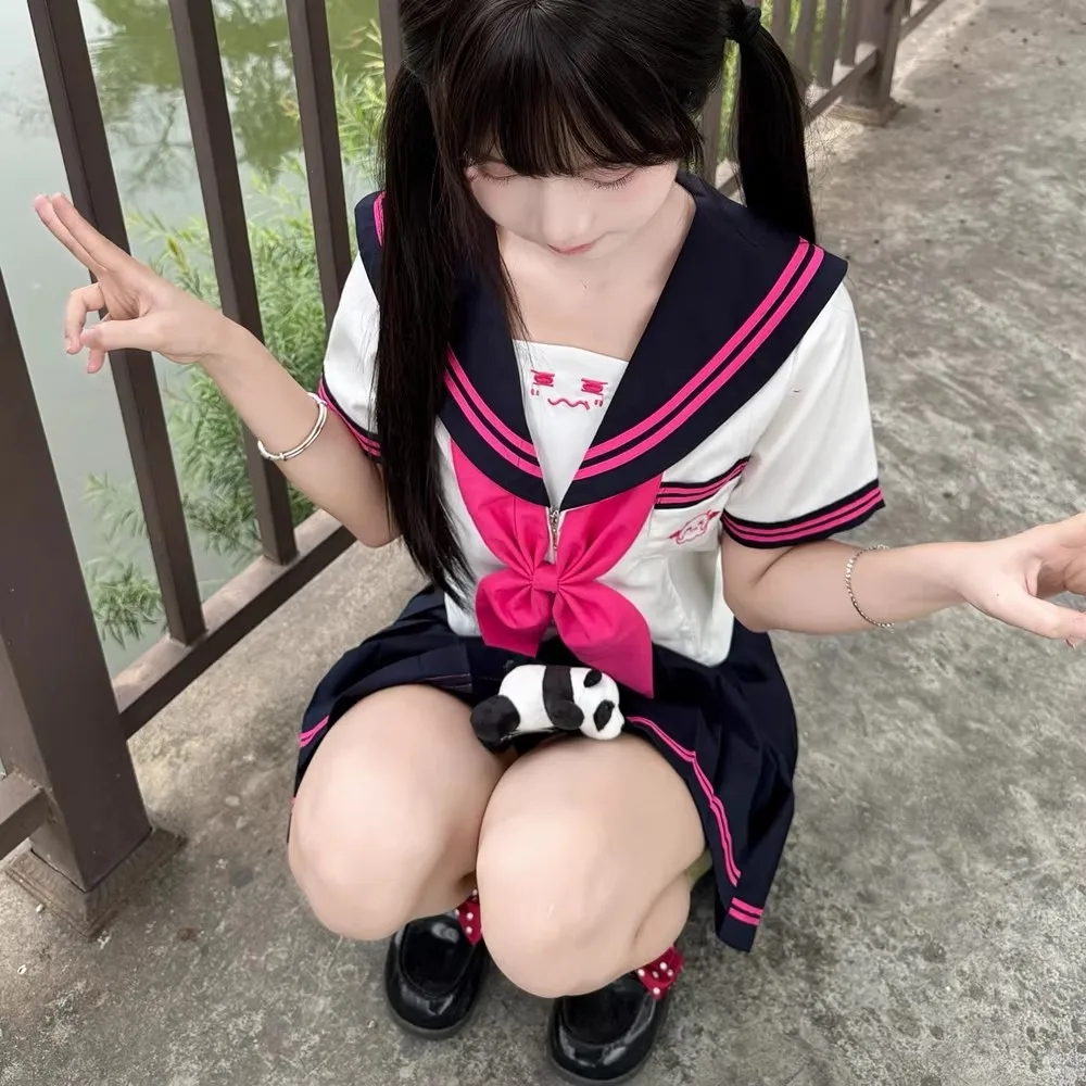 Abito da marinaio rosa Coreano Seifuku Ragazze delle scuole superiori giapponesi Cosplay Studenti delle scuole Uniformi Donne Jk Uniforme Set Gonna a pieghe