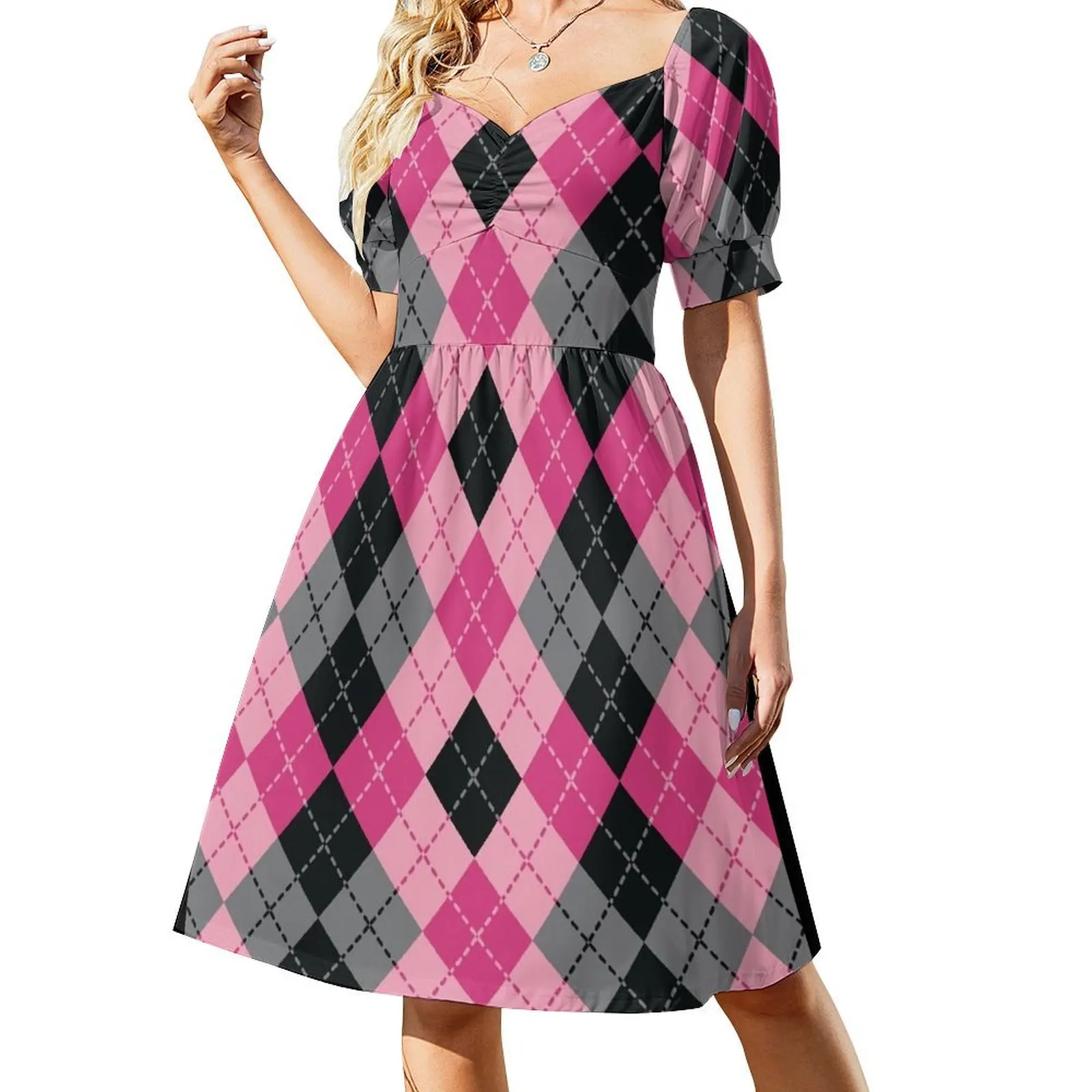 

Pink and Black Dashed Argyle Short Sleeved Dress dresses for special events women's clothing summer 2025 novelties Dress