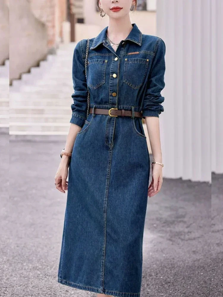 2024 Autumn Winter Casual Women Lapel Single Breasted Denim Dress Vintage Lady Empire Slim A-line Midi Dress with Belt