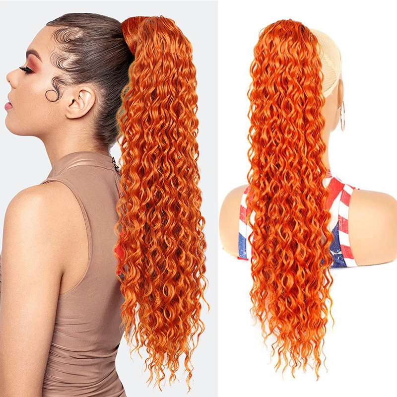 

24" Long Deep Curly Highlight Drawstring Ponytail Multi Layered Light Fluffy Clip in Hair Extensions Ponytail Orange Highlights