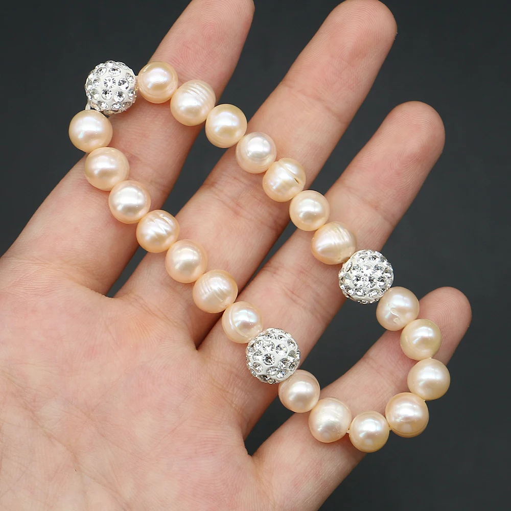 

Exquisite Stylish Natural Freshwater Ribbed Round Pearl Bracelet with Glass Crystal Straight-Hole Jewelry Gift Souvenir 1strand