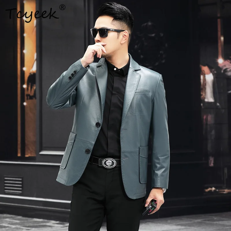 Tcyeek Top Layer Cowhide Real Leather Jacket Men Business Casual Suit Coats Autumn Mens Clothes Trendy Thin Jaqueta De Couro