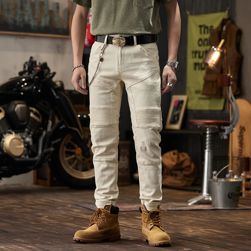 

Beige Pleated Stitching Design Motorcycle Jeans Men's High Street Fashion Slim-Fitting Ankle-Tied Fashion Brand Motorcycle Trous