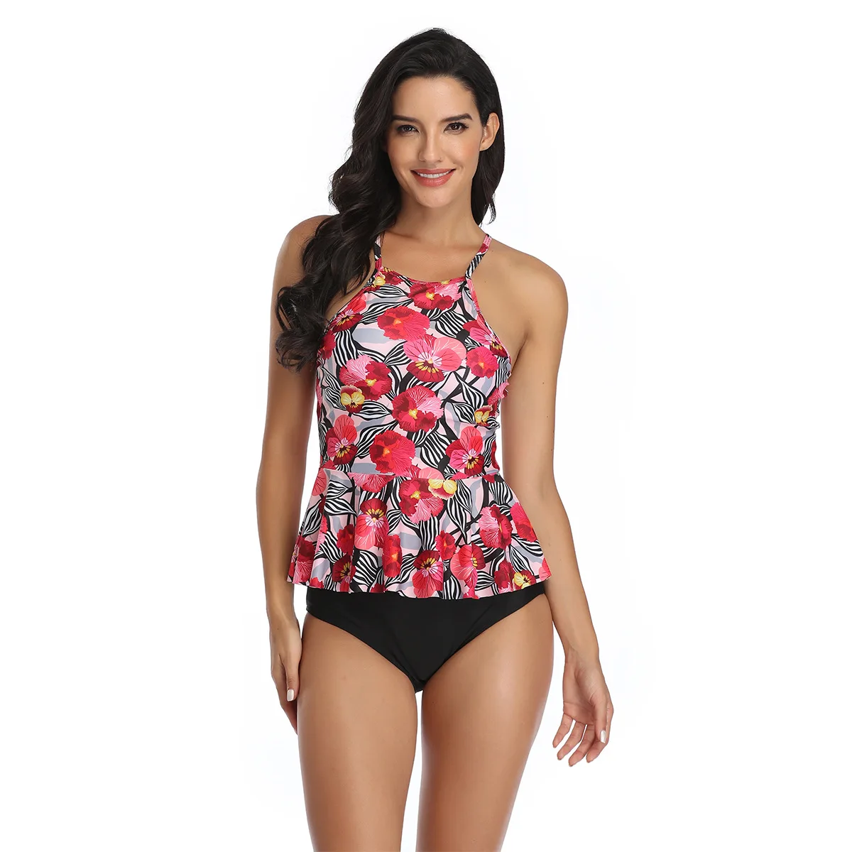 Women Floral Print Bikini Halter High Neck Swimsuit Two Pieces Bathing Suits Ruffle Spaghetti Strap Tankini Sets Swim Wear Pool