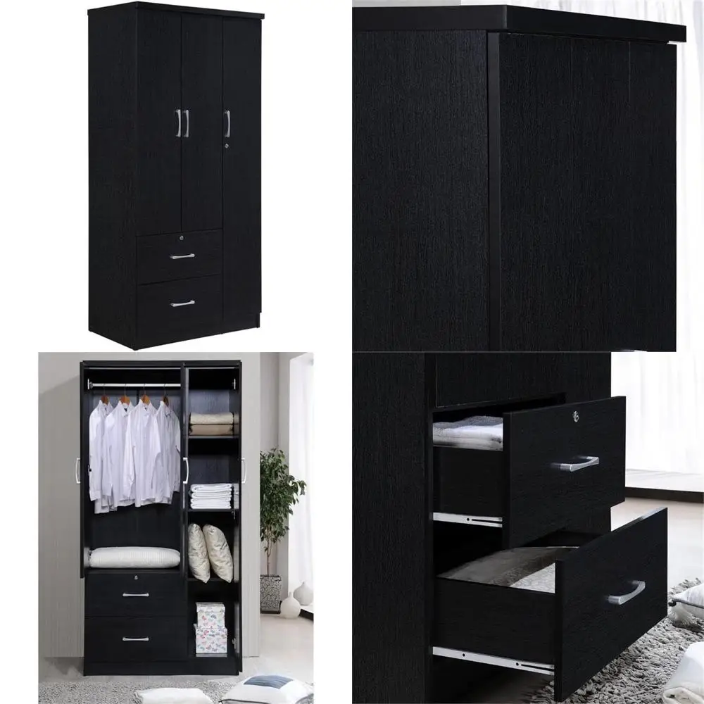 

Contemporary 3-Door Armoire, 72 High, 36 Wide, 21 Deep, Engineered Wood, Blackish Finish, 2 Drawers, 3 Shelves, Hanging Rod, Bed