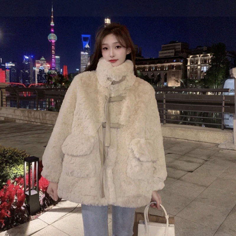 Rimocy Korean Style Lamb Wool Jackets Women 2024 New All-Match Loose Furry Coat Ladies Fashion Streetwear Pockets Plush Coats