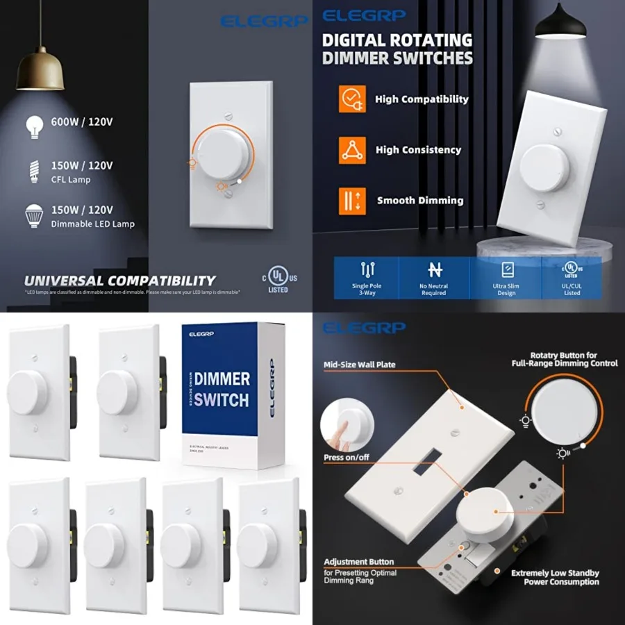 Digital Rotating Dimmer Switch for Dimmable LED, CFL and Incandescent Light Lamp Bulbs, Single Pole/ 3-Way Rotary Dimmer Switch