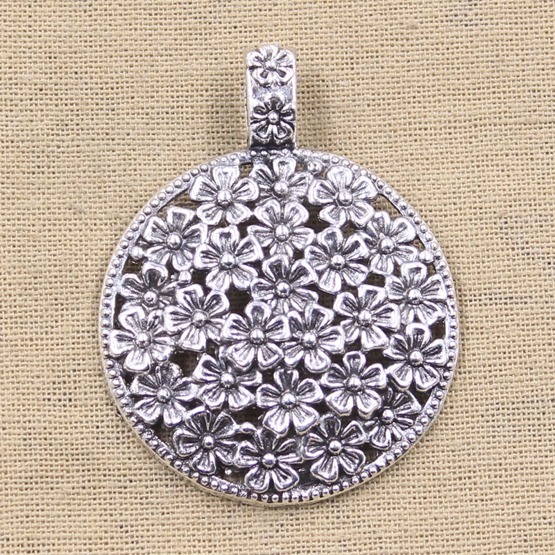2pcs Charms Large Flower Covered Disc 58x45mm Antique Silver Color Plated Pendants Making DIY Handmade Tibetan Finding Jewelry