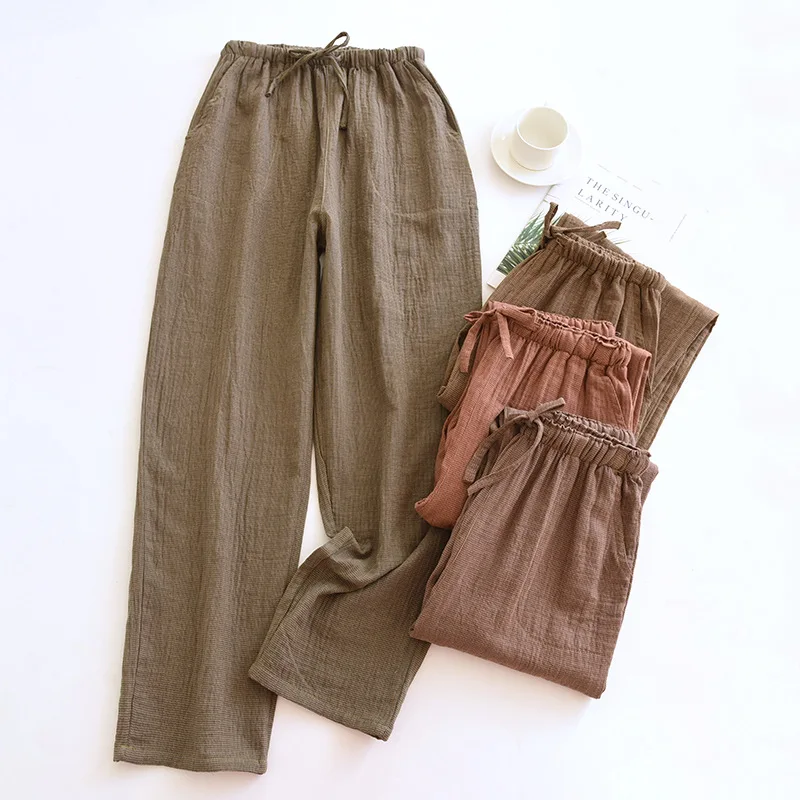 

2025 New Spring and Autumn Couple Sleeper Pants 100% Cotton Gauze Color Knitted Pants Men's and Women's Checkered Home Pants