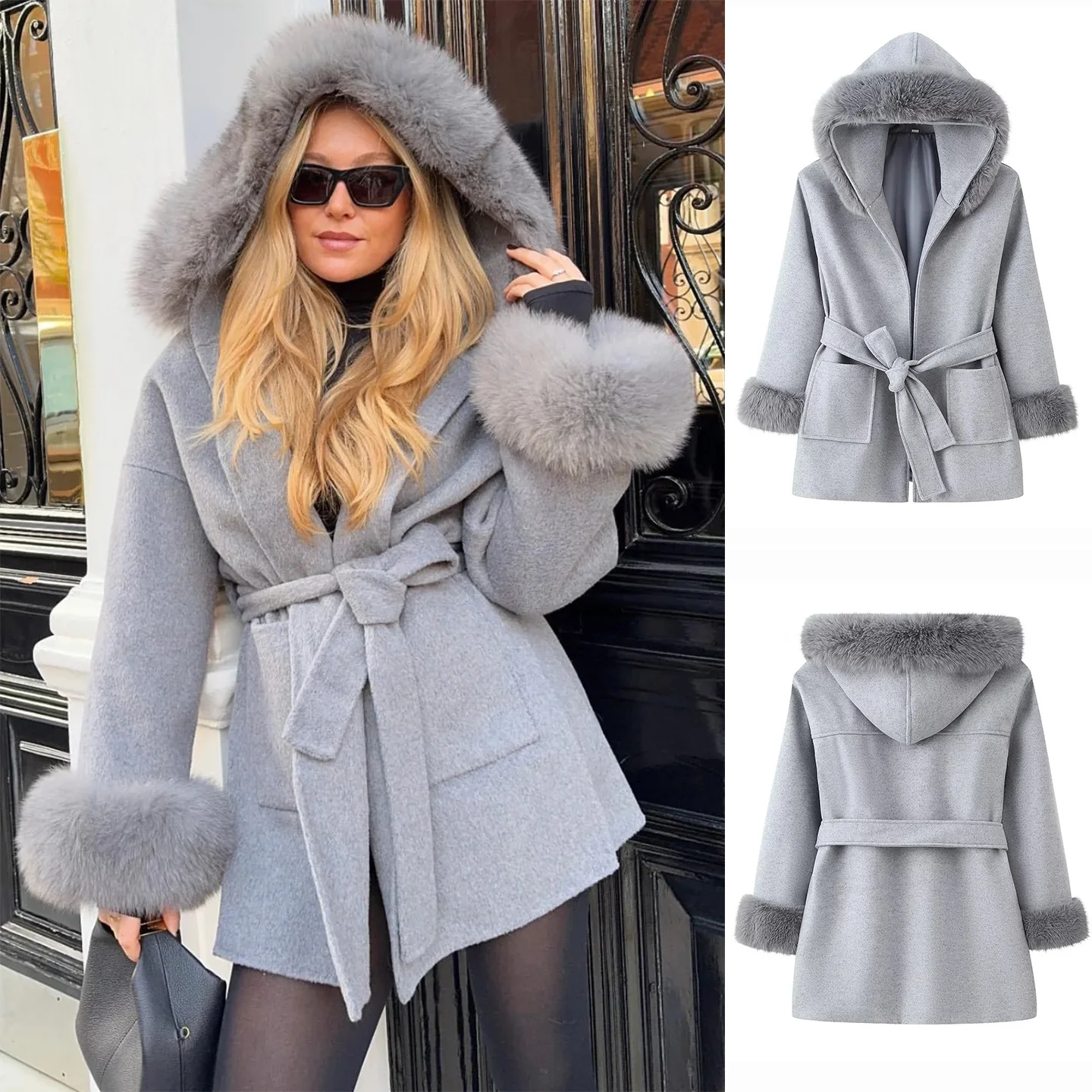 

Осень-зима, новое женское повседневное свободное шерстяное пальто с эффектом искусственного меха и поясом, Jaet, полиэфирное волокно 00%