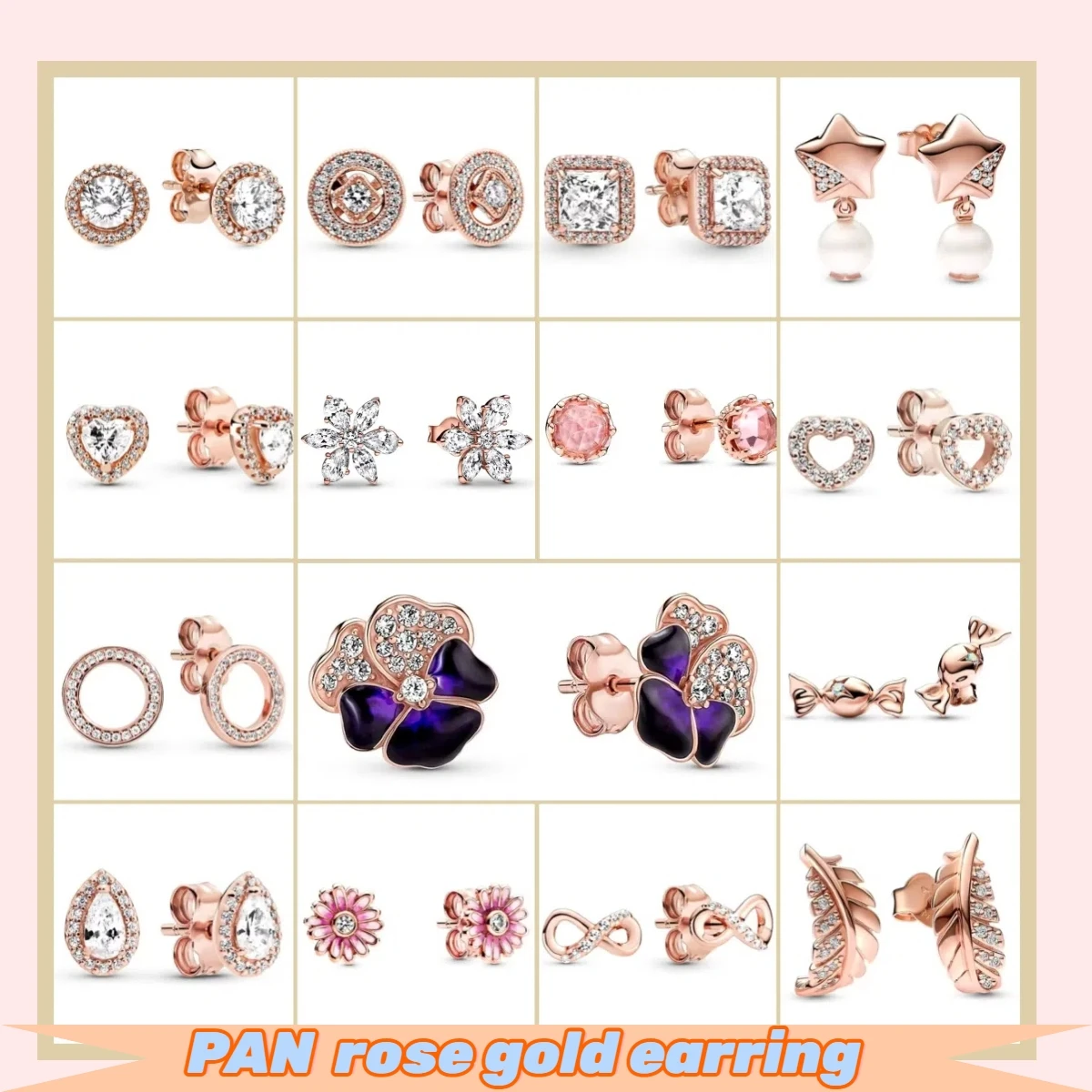 S925 silver fashion design PAN earrings rose gold series flowers round diamonds stars leaf elements multiple styles to choose fr