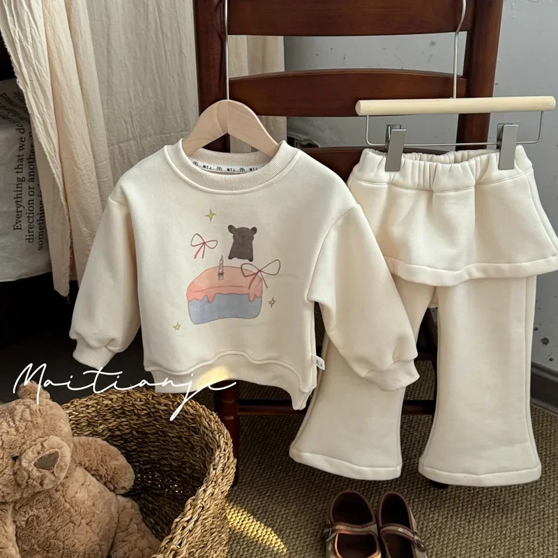 여아 양털 후드 방귀 커튼 플레어 팬츠 투피스 세트, 캐주얼 한국 스타일, 2024 가을 신상 아동복, 여아 세트