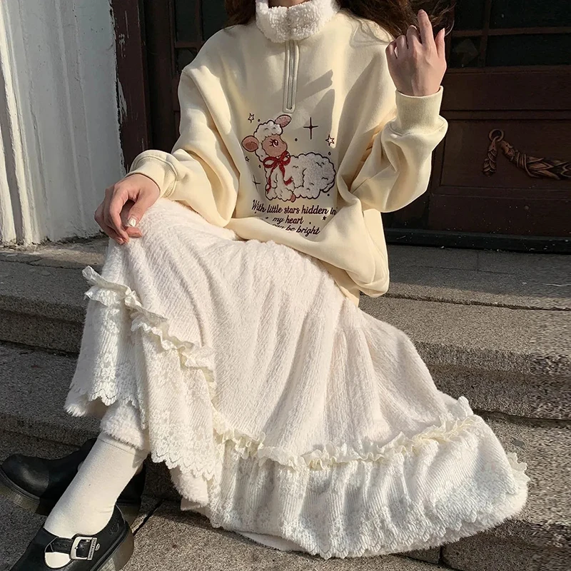 Japanese Sweet Midi Skirt Women Lace Patchwork High Waist Winter Chic Cake Skirts Cute Preppy Casual Aesthetic New Plush Skirt