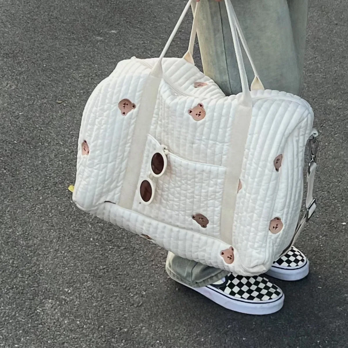 

1pc INS Style Mommy Bag, Large Capacity Bear Printed Diaper Bag, Shoulder & Crossbody Bag, Fashionable Fully Embroidered Mom Bag