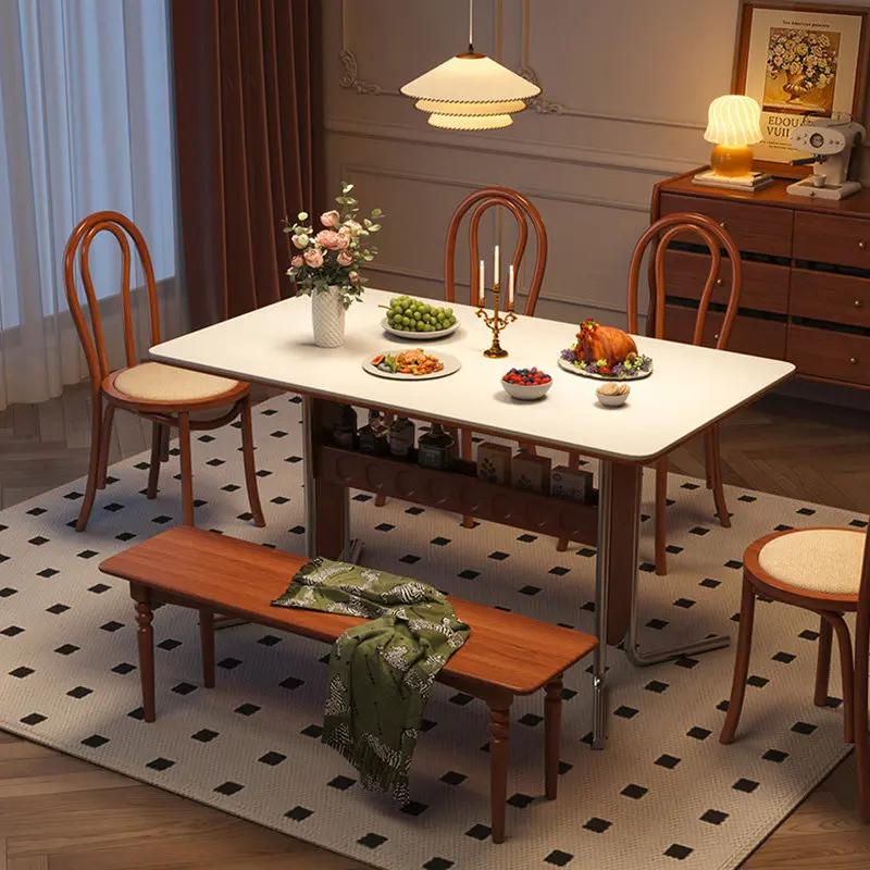 #French Retro Dining Table With Storage Shelf Wooden Trestle Table With Sintered Stone Top Metal Frame Vintage Kitchen Furniture