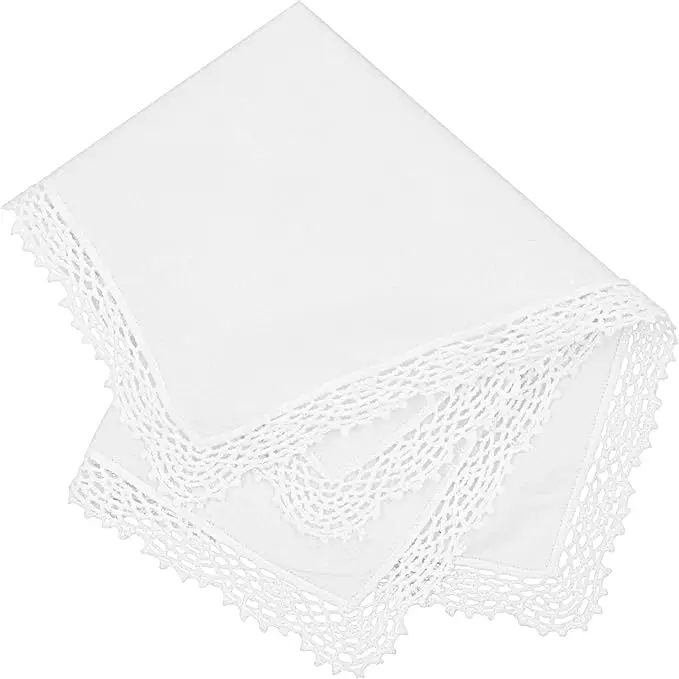 2PCS White Wedding Handkerchief Pure Cotton, Soft Ladies Hanky with Crochet Lace