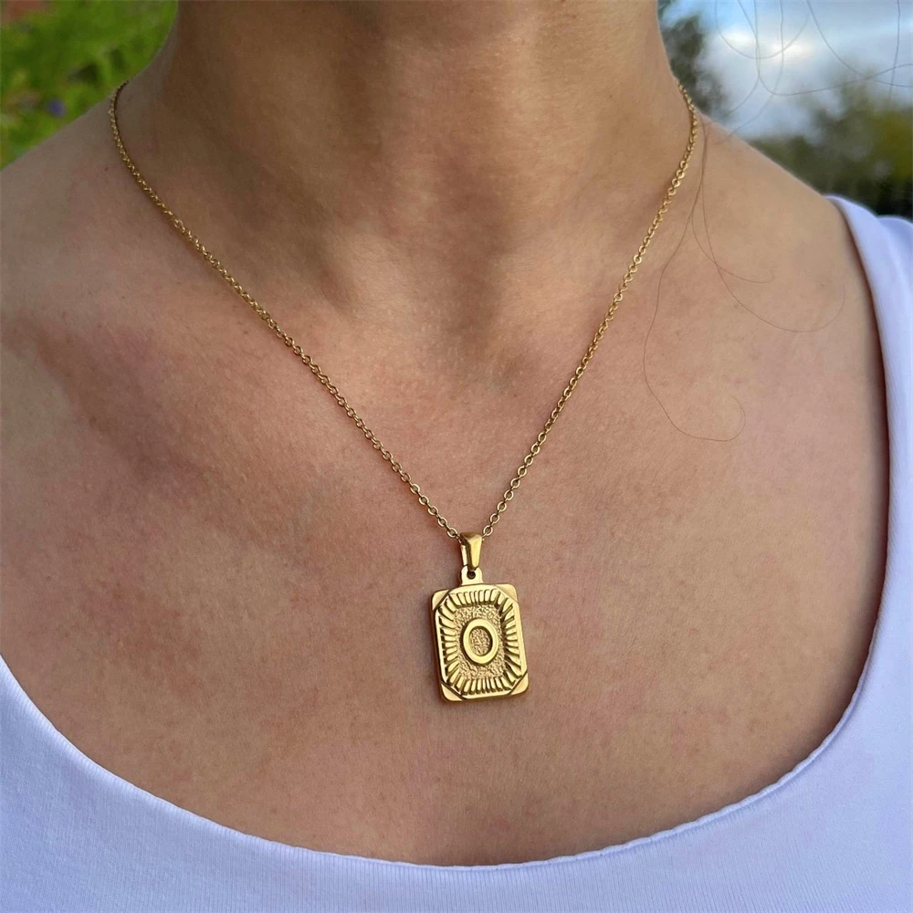 Rectangle Medallion Initial Necklace Gold Color Letter Pendant Necklaces for Women Men Vintage Jewelry Stainless Steel Choker