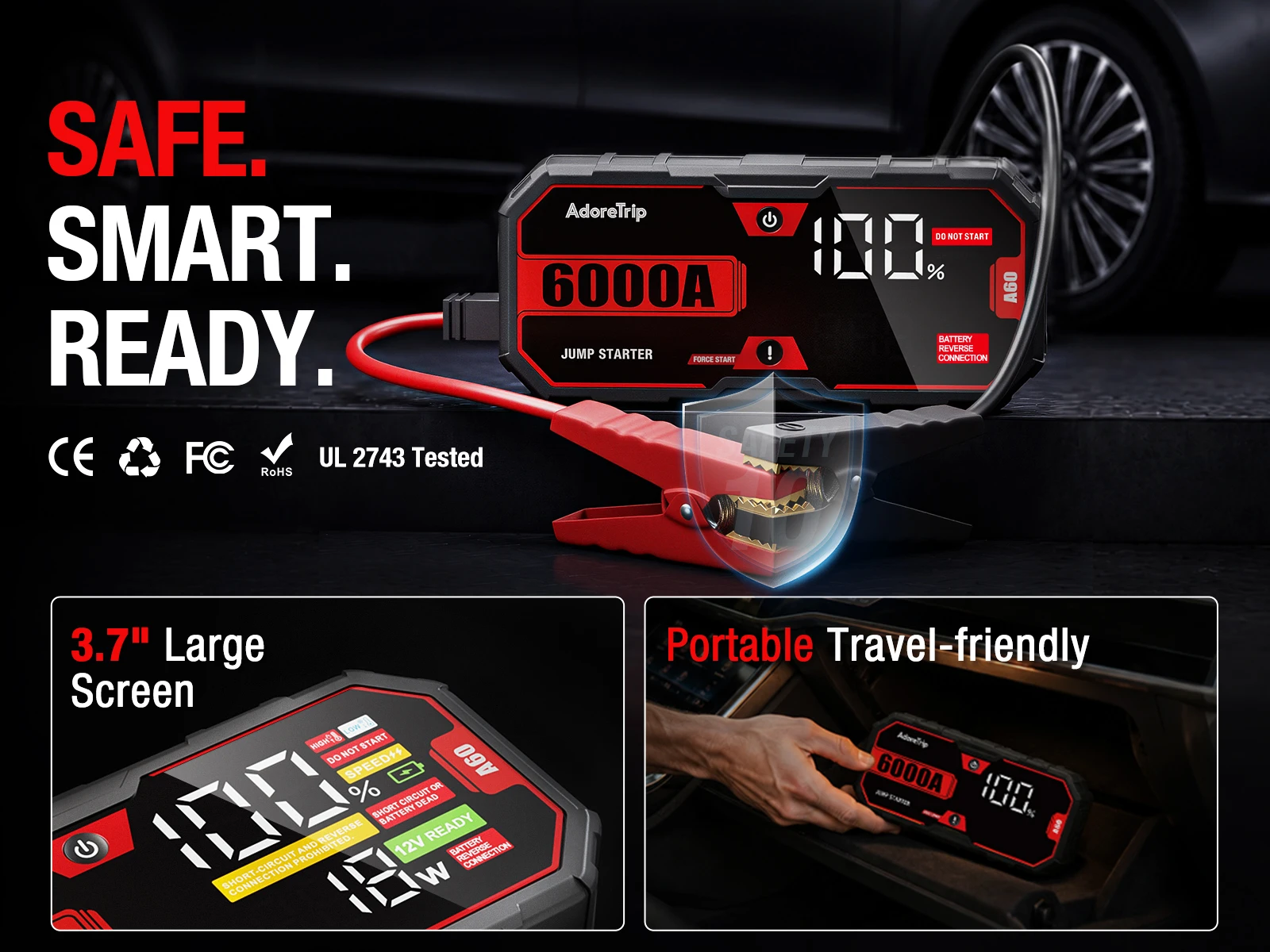 AdoreTrip Car 6250A Tragbares 12V Starthilfegerät Powerbank Auto-Batterie-Booster-Startergerät für Pickups, SUVs, Offroad-Fahrzeuge, 4x4, Boote – Detail 2