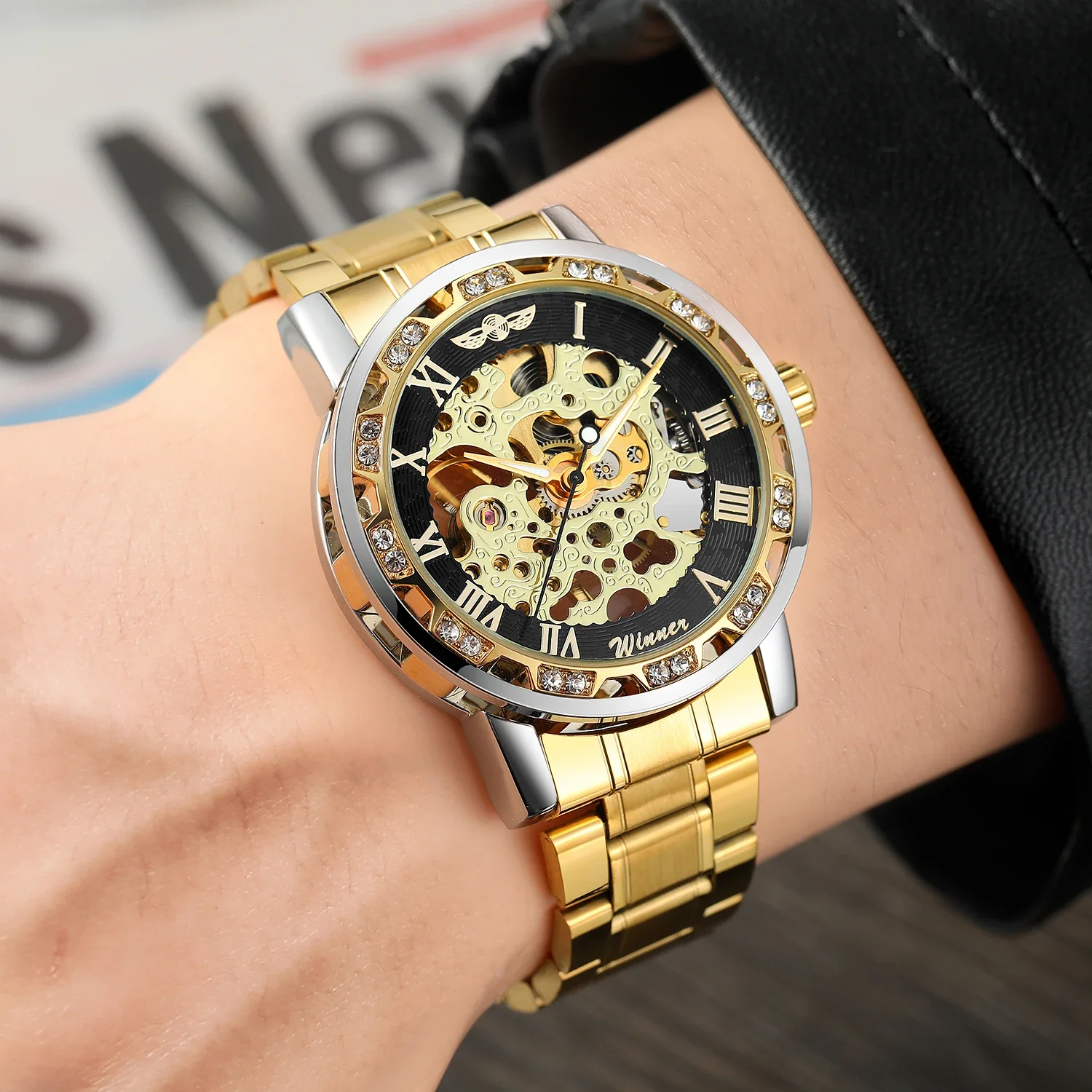 

T-WINNER Роскошные золотые мужские часы Скелет Механические светящиеся указатели с гравировкой со стразами Модные повседневные мужские наручные часы