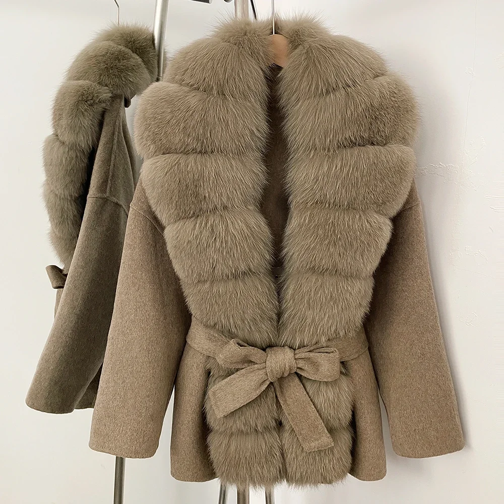 Female Wool Woolen Coat Warm Real Fur Collar Wool Blend Jacket Warm Autumn Winter Women Clothes for Women New Fox Fur Coat