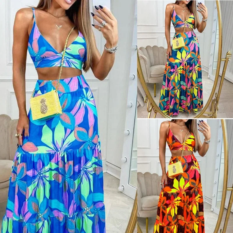 Saia sem mangas estampada para mulheres, conjuntos de duas peças, tops sexy, vestido longo elegante, terno de praia feminino, verão, novo