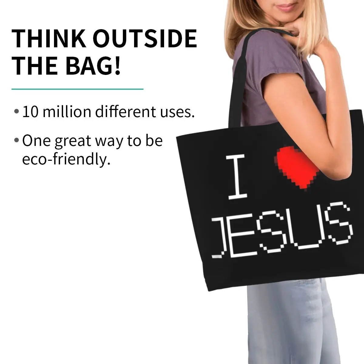 I Love Jesus God Cross Print Shopping Tote Bag Canvas Large Capacity Shoulder Bags Shopper Grocery Handbag for Women