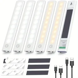 Under Cabinet Lights 1/3/5/6pcs, Motion Sensor Rechargeable Battery Operated 2 Colors LED Light for Closet, Kitchen, Bathroom