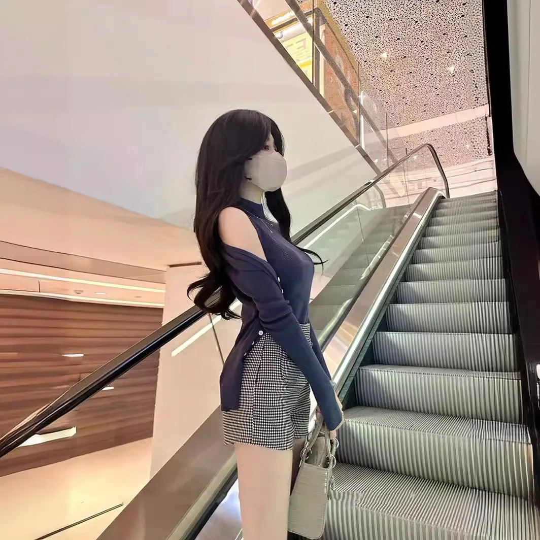 7597 Elegante und anmutige Dame ~ 14 Nadel High Twist Baumwolle halbe Rollkragen ärmellose Weste + V-Ausschnitt Strickjacke zweiteiliges Set für