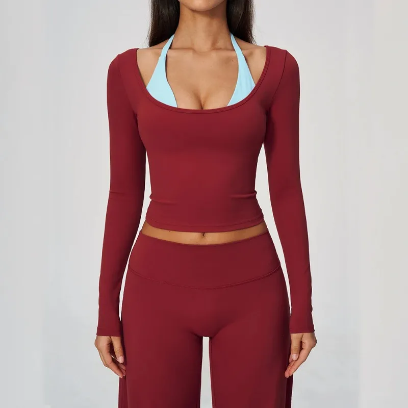 Women Yoga Long Sleeved Fitness Running Workout Gym T-shirt Top Color Contrast Scoop Neck Halter Detail Cropped Yoga Sports Top