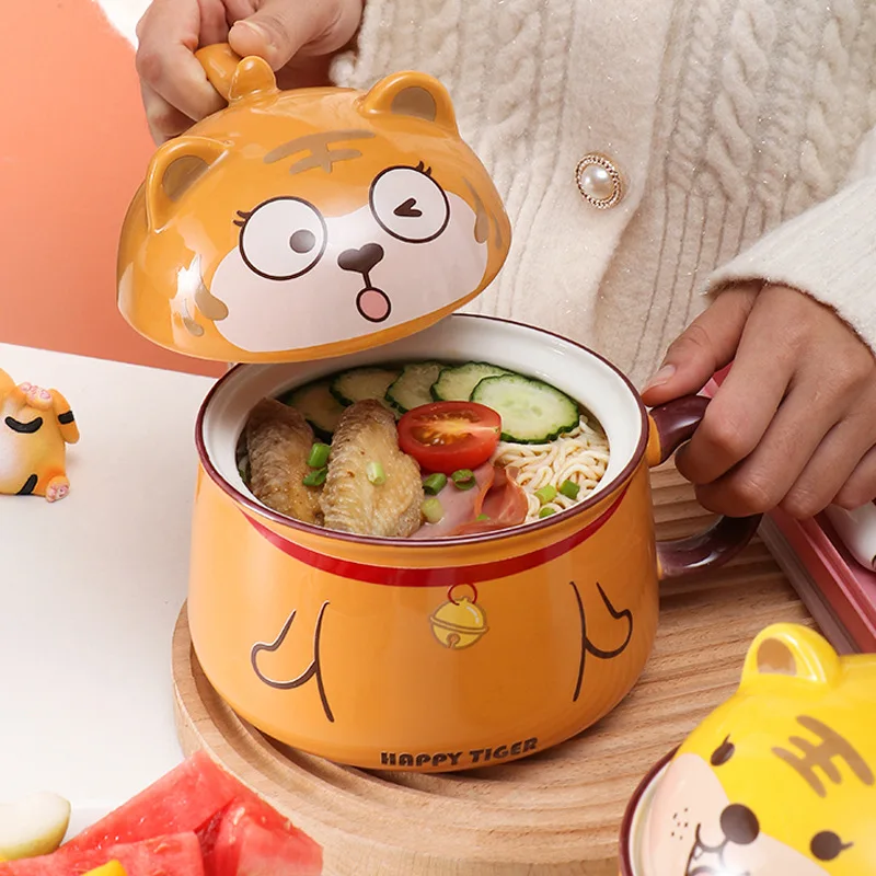 1000ml Ceramic Instant Noodle Bowl With Lid With Cutlery Large Capacity Cute Tiger Bowl Mug Suitable For Students