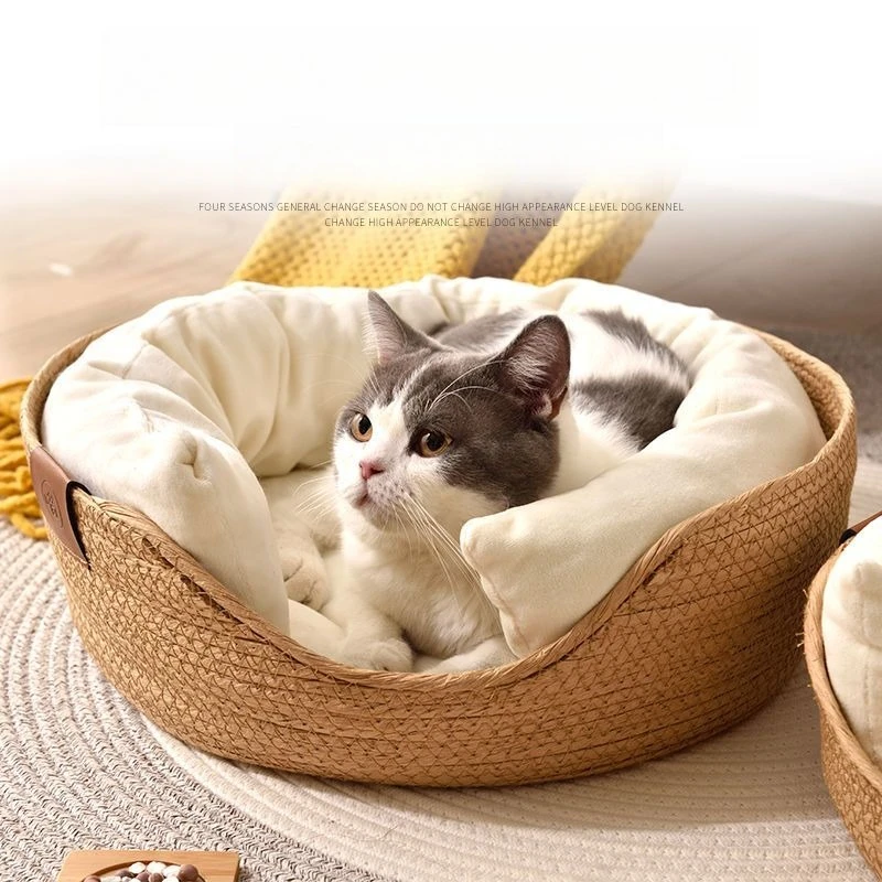 

Removable and Washable Four-season Universal Cat Beds/Dog House, Rattan Cat Scratching Mats, Pet Mat Dog Beds, Straw Cattery