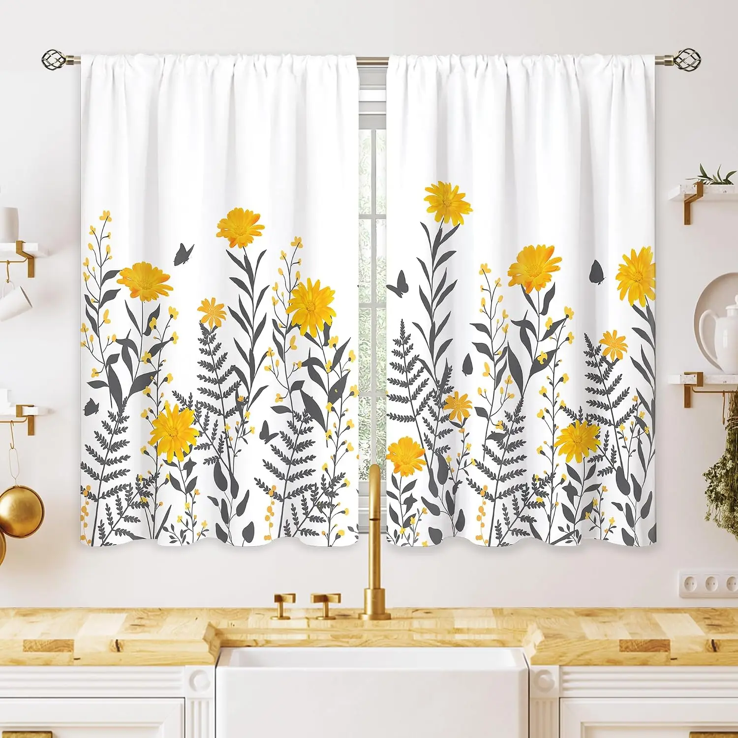 Yellow Floral Botanical Curtain Panels Cottage Garden Spring Nature Window Curtain for Bedroom Living Room Home Decor