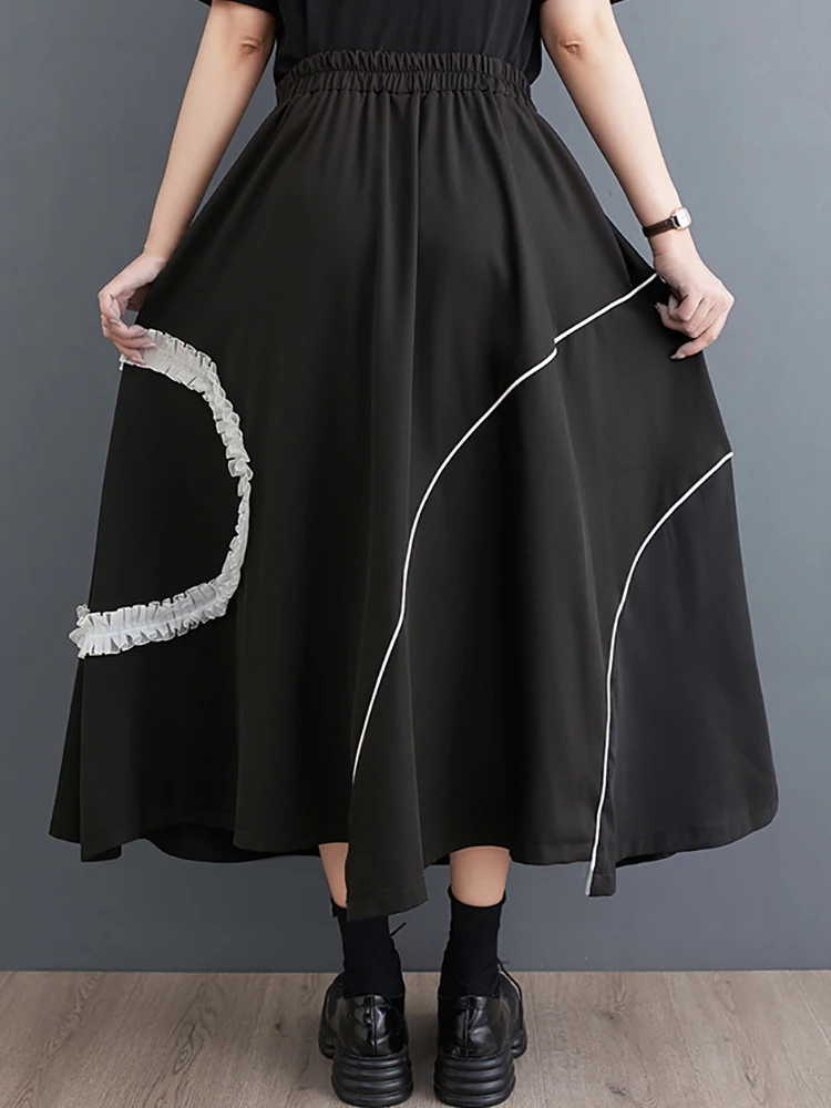 XITAO Edible Tree Fungus Patchwork Pocket Skirt Elastic Waist Asymmetrical Fashion Casual All Match Skirts 2024 Summer ZY8846