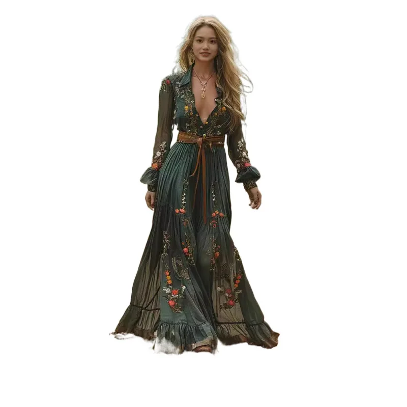 빈티지 패턴 프린트 긴 소매 여성 드레스 캐주얼 브이넥 하이 웨이스트 플리츠 가을 드레스 우아한 루즈 보헤미안 드레스