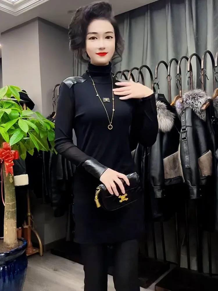 Slim Fit Midi High Collar Women's Base irt Faionable Ele Versatile Autumn Winter New Arrival Button Detail Long Sv...