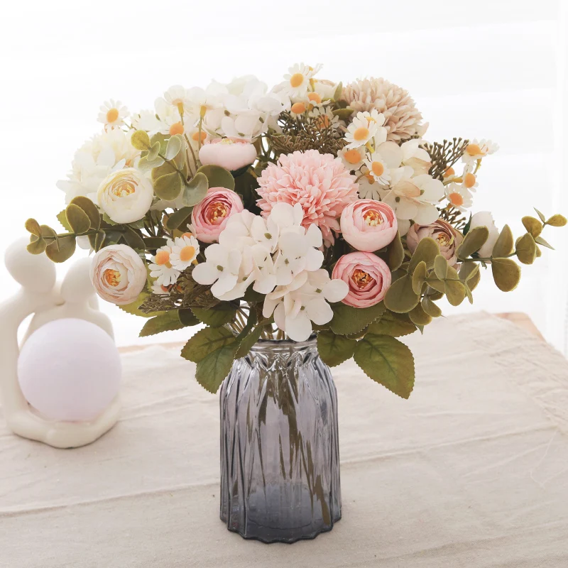 Ramo de té rosa de seda delicada, girasol, decoración de boda, hogar, Día de San Valentín, Hortensia de diente de león, flores artificiales