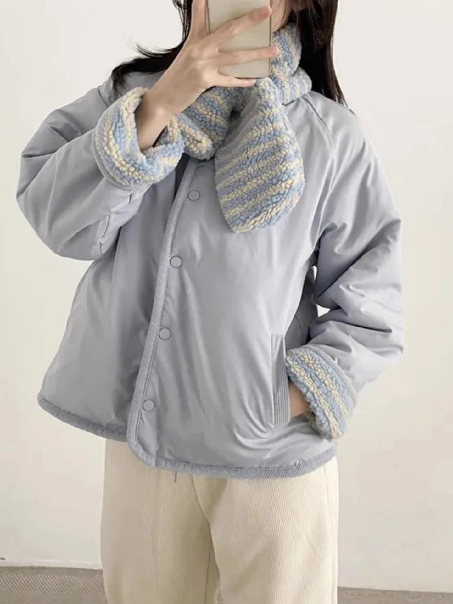 

Blue Striped Double-Sided Wear Fce ort Jaet Women's Winter Anti-Aging Warm Scarf Cotton Clothes Top Sweet Sle Thie...