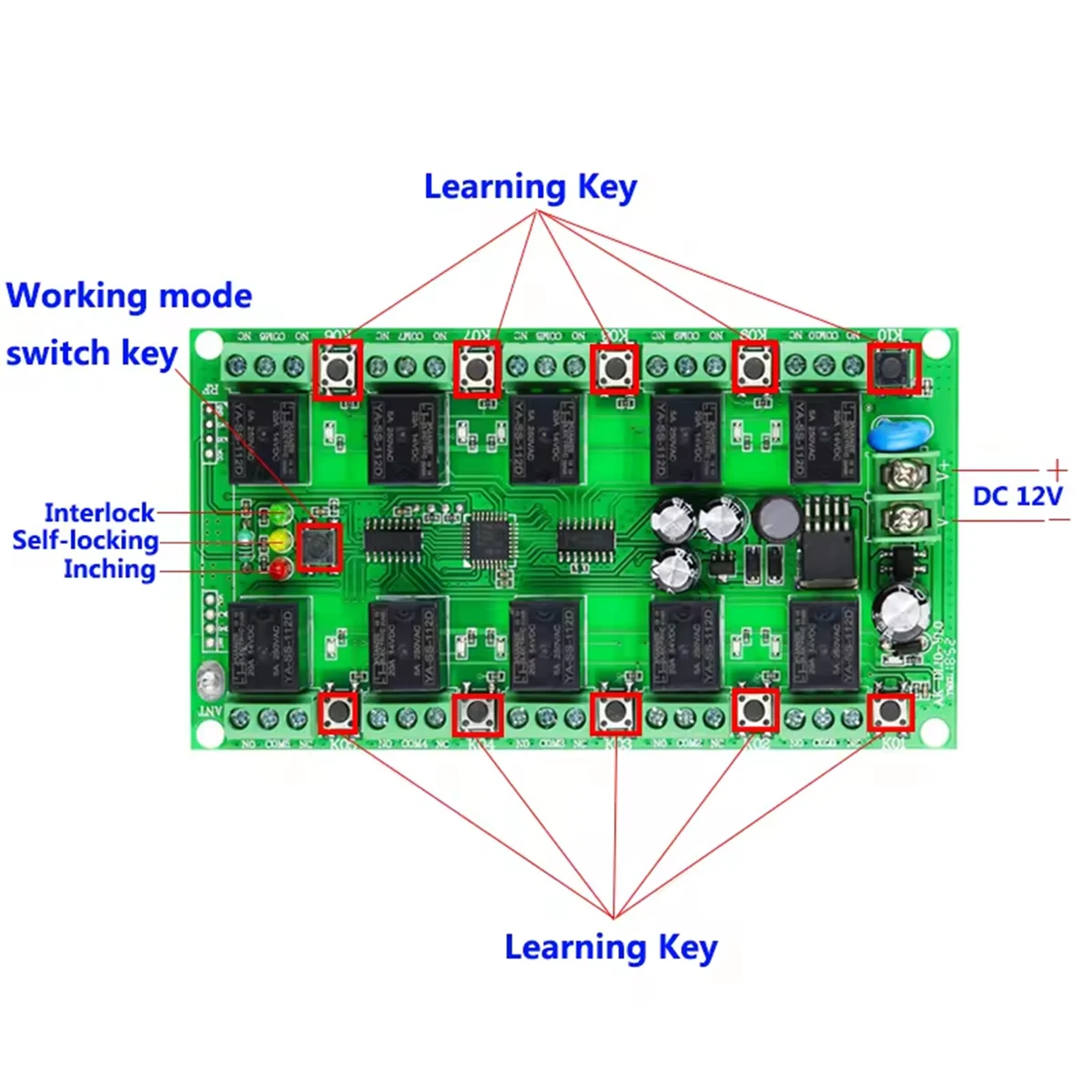 DC12V 10 Channels Remote Control Receiver 315 433MHz Learning Type Universal Industrial Wireless Receiver Relay Module