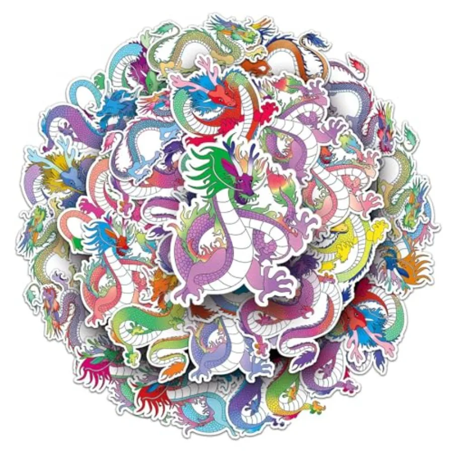 Chinese Dragon Stickers 50PCS Colourful Vinyl Loong Style Waterproof Laptop Travel Map Stickers for Water Bottles Graffiti Pack