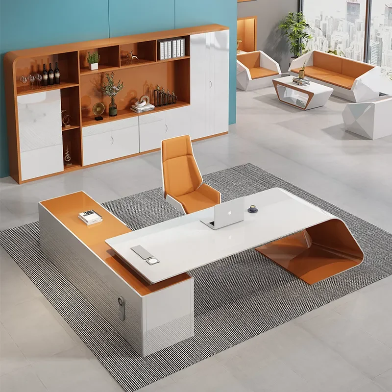 Modern Large Office Executive Desk Curved Bracket Contrast‑Color Side Cabinet Boss Manager Workstation Furniture